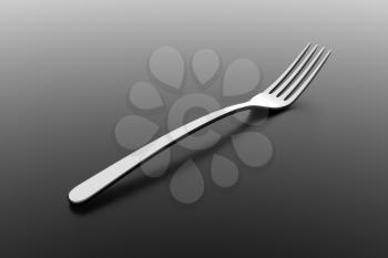 Silver fork. Fine cutlery on grey background. Single fork on a table. Silverware with shadow. 3D illustration.
