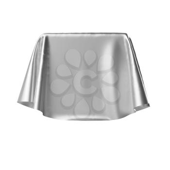 Box covered with shiny silver fabric. Isolated on white background. Surprise, award, presentation concept. Reveal the hidden object. Raise the curtain. Photo realistic 3D illustration.