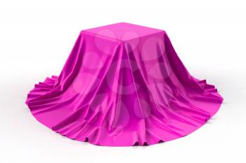Box covered with pink fabric. Isolated on white background. Surprise, award, prize, presentation concept. Showroom stand. Reveal a hidden object. Raise the curtain. Photo realistic 3d illustration