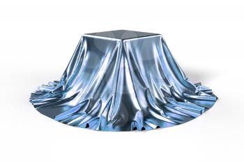 Box covered with blue shiny fabric. Isolated on white background. Surprise, award, presentation concept. Showroom stand. Reveal a hidden object. Raise the curtain. Photo realistic 3d illustration