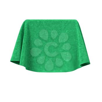 Box covered with green velvet fabric. Isolated on white background. Surprise, award, prize, presentation concept. Reveal the hidden object. Raise the curtain. 3d illustration.