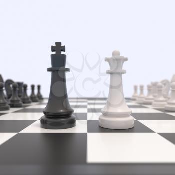 Two chess pieces on a chessboard. Black king and white queen facing each other. Confrontation between men and women, feminism, competition, discussion, agreement concept. 3D illustration.