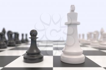Two chess pieces on a chessboard. Black king and white pawn facing each other. Standing up to a bigger opponent, competition, discussion, agreement and confrontation concept. 3D illustration.