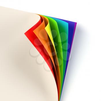 Blank document rainbow colored curled corner. Empty template mock up. Business corporate identity, advertisement, poster with turning corner, colors and shadow. Graphic design element. 3D illustration