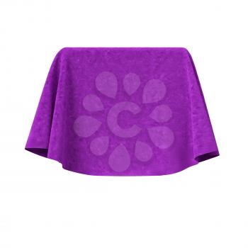 Box covered with violet velvet fabric. Isolated on white background. Surprise, award, prize, presentation concept. Reveal the hidden object. Raise the curtain. Photo realistic 3D illustration.