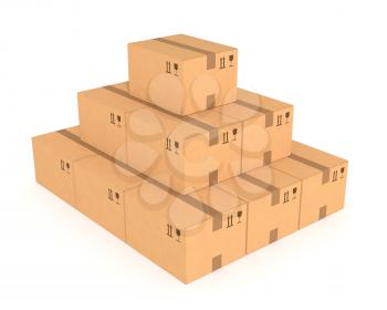 Stacks of cardboard boxes isolated on white background. Retail, logistics, delivery, storage concept. Side view with perspective. Abstract delivery symbol. Place for your text, logo. 3D illustration