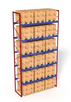 Warehouse shelves rack filled with brown boxes. Isolated on white background. Retail, logistics, delivery and storage concept. Generic containers rack shelves. Distribution facility. 3D illustration