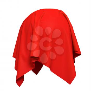 Sphere covered with red silk fabric. Isolated on white background. Reveal the hidden object. Raise the curtain. Surprise, award, prize, presentation concept. Photorealistic 3D illustration.