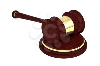 Wooden judge gavel and soundboard, isolated on white background.