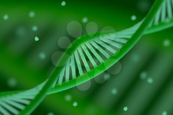 DNA chain macroshot. Highly detailed render. Green color. Scientific background or medical backdrop. Great for poster, book cover, flyer or folder. Shallow DOF. 3D illustration