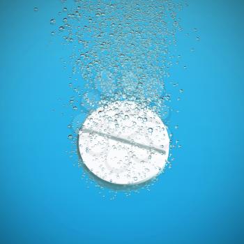 Effervescent medicine. Fizzy tablet dissolving. White round pill falling in water with bubbles. Green background. 3D illustration