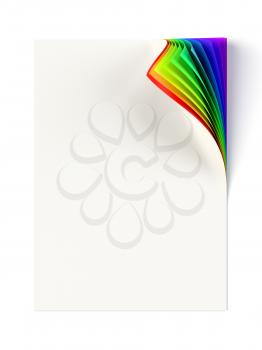 White document mock up with rainbow colored curled corner. Graphic design element. Business corporate identity, advertisement, web page, poster with turning corner, colors and shadow. 3D illustration