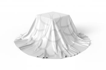 Box covered with white fabric. Isolated on white background. Surprise, award, prize, presentation concept. Showroom stand. Reveal a hidden object. Raise the curtain. Photo realistic illustration.