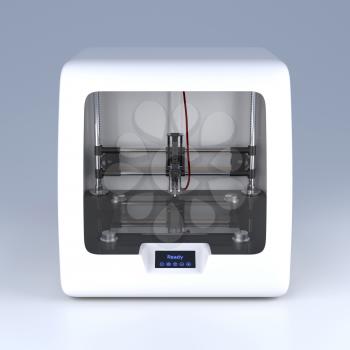 3D printer model. Professional prototype device on grey background. Front view. New technology, modern industrial equipment, scientific hardware innovation, futuristic idea concept. 3D illustration.