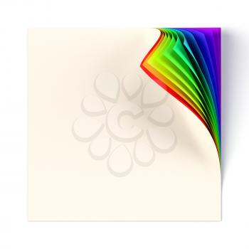 Blank square note page mock up with rainbow colored curled corner. Graphic design element with decorative colors and shadow. Diversity, love, equity, all colors of the rainbow concept. 3D illustration