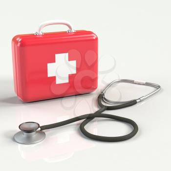 First aid kit with stethoscope. Red doctor's bag with white cross with reflection. Emergency, healthcare, paramedic assistance concept. 