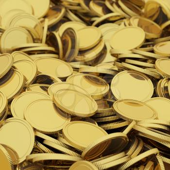 Golden scattered coins closeup background. Selective DOF.