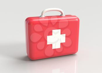 First aid kit. Red doctor's bag with white cross on gray background. Emergency, healthcare, paramedic assistance concept. 