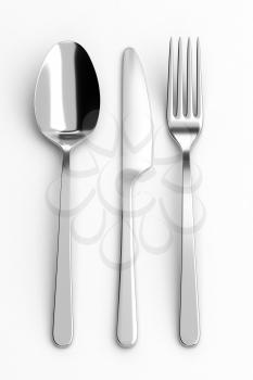 Fork, spoon and knife. Photo realistic 3D illustration. Cutlery, kitchen silverware. For use in menu, restaurant printables, web site.