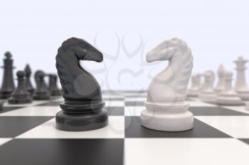 Two chess pieces on a chessboard. Black and white knights facing each other. Competition, discussion, agreement or opposition and confrontation concept. 