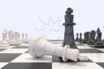Two chess pieces on a chessboard. White king laying down and black king standing up. Victory, competition, discussion, agreement and confrontation concept. 3D illustration.