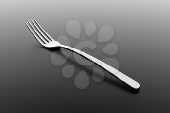 Silver fork. Fine cutlery on grey background. Single fork on a table. Silverware with shadow. 3D illustration.