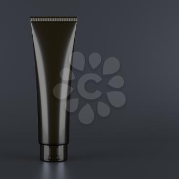 Black tube. Product mock up on black background. Blank packaging for cosmetic products like cream or lotion, as well as tooth paste, hair gel, acrylic paint, sauce and more.