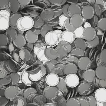 Scattered silver coins closeup background. Pile of money. Financial success, cash flow, business on the rise concept. 3D illustration