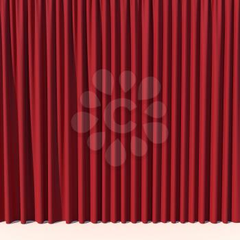Red stage curtain. Luxury silk velvet drapery. Realistic closed theatrical cinema curtain. Waiting for the show, revealing new product, marketing concept. 3D illustration