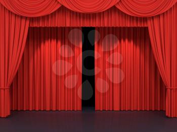 Red stage curtains. Luxury red velvet drapes, silk drapery. Realistic closed theatrical cinema curtain. Waiting for show, movie end, revealing new product, premiere, marketing concept. 3D illustration