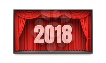 Happy New Year greeting card. Red stage curtains revealing year 2018 number. Graphic design element for premiere announcement, party invitation poster, flyer, advertisement concept. 3D illustration