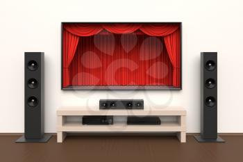 Home cinema set with large lcd tv panel with theater curtains, music speakers, video disc player. Movie presentation, blockbuster, revealing new tv show, sale advertisement concept. 3D illustration