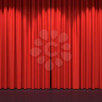 Red stage curtains. Luxury red velvet drapes, silk drapery. Realistic closed theatrical cinema curtain. Waiting for show, movie end, revealing new product, premiere, marketing concept. 3D illustration