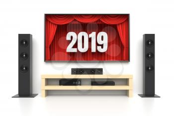 New Year 2019. Home cinema set with large lcd tv panel with theater curtains, music speakers, video disc player. Revealing new tv show, sale advertisement, movie presentation, concept. 3D illustration