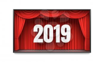 Happy New Year greeting card. Red stage curtains revealing year 2019 number. Graphic design element for premiere announcement, party invitation poster, flyer, advertisement concept. 3D illustration