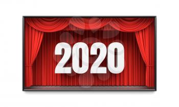 Happy New Year greeting card. Red stage curtains revealing year 2020 number. Graphic design element for premiere announcement, party invitation poster, flyer, advertisement concept. 3D illustration