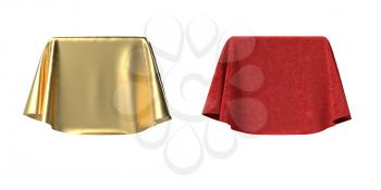 Set of boxes covered with red velvet and gold satin fabric. Isolated on white background. Surprise, award, prize, presentation concept. Reveal the hidden object. Raise the curtain. 3D illustration