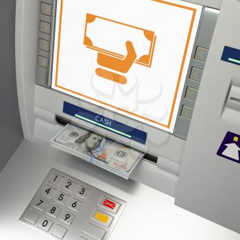ATm machine with money withdrawal icon and banknotes in the money slot. Online payment, cash withdrawal deposit, transfer funds, giving money returning bank debt concept. 3D illustration