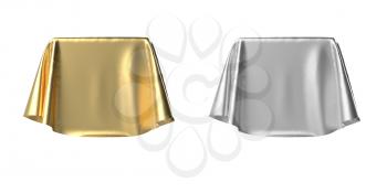 Set of boxes covered with silver and gold satin fabric. Isolated on white background. Surprise, award, prize, presentation concept. Reveal the hidden object. Raise the curtain. 3D illustration