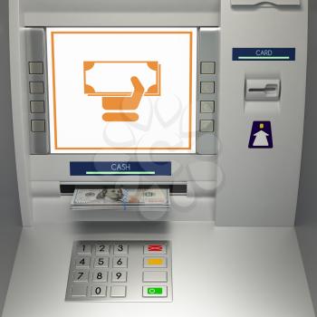ATm machine with money withdrawal icon and banknotes in the money slot. Online payment, cash withdrawal deposit, transfer funds, giving money returning bank debt concept. 3D illustration