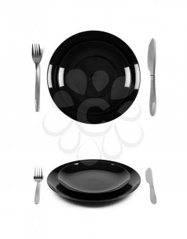 Two black plates with fork and knife. 2 different views. Isolated on white background. Two different view angles. Graphic design element for poster, menu, restaurant or cafe flyer.