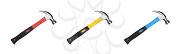 Hammers set in 3 colors. Yellow, red, blue with black handle isolated on white. Graphic design element for catalog, advertisement, website, flyer, poster.