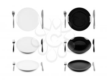 Two sets of white and black plates with fork and knife in three different views, isolated on white background. Graphic design element for catalog, advertisement, website, flyer, poster.