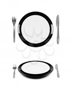 Black and white plates with fork and knife. 2 different views. Isolated on white background. Two different view angles. Graphic design element for poster, menu, restaurant or cafe flyer.