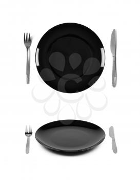 Black plate with fork and knife. 2 different views. Isolated on white background. Two different view angles. Graphic design element for poster, menu, restaurant or cafe flyer.