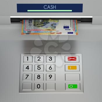 Atm machine keypad with euro banknotes in the money slot. Password security, online payment, cash withdrawal deposit, transfer funds, giving money returning bank debt concept. 3D illustration