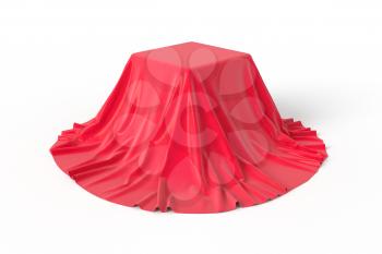 Box covered with red fabric. Isolated on white background. Surprise, award, prize, presentation concept. Showroom stand. Reveal a hidden object. Raise the curtain. Photo realistic illustration.
