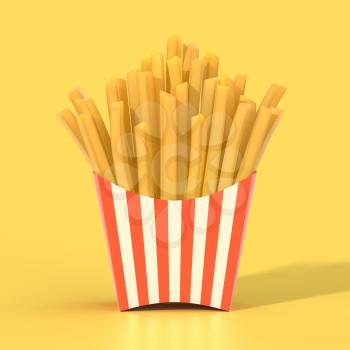Fast food french fries in a container. Generic striped fried potato chip package on yellow background. Graphic design element for restaurant advertisement, menu, poster, flyer. 3D illustration