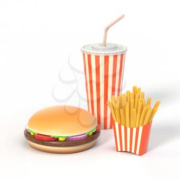 Fast food set on white background with shadow. Hamburger, french fries and cola in generic package with stripes. Graphic design element for restaurant advertisement, menu or poster. 3D illustration