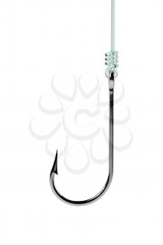 Fishing hook hanging on a fishing line isolated on white background, side view with place for text. Setting trap, catching fish, being hooked, waiting for opportunity concept. 3D illustration.